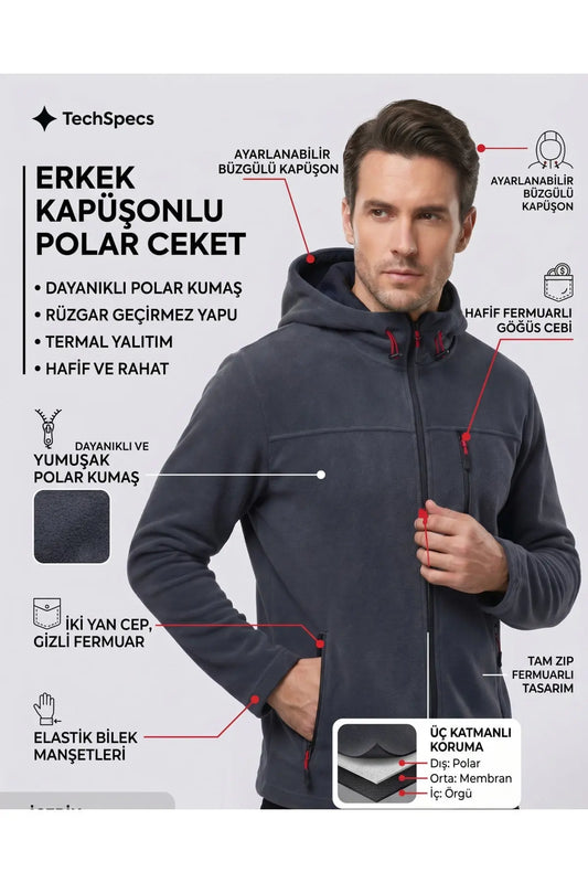 LUXIC CORE Unisex Kapüşonlu Polar 3 Cepli Fermuarlı Sıcak Tutan Kışlık Outdoor Hoodie Günlük StilPro LUXIC CORE