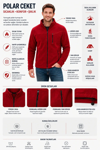 LUXIC CORE Erkek  Fermuarlı Polar Mont – Dik Yaka, Cepli, Günlük & Outdoor Kullanım LUXIC CORE