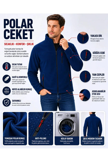 LUXIC CORE Erkek  Fermuarlı Polar Mont – Dik Yaka, Cepli, Günlük & Outdoor Kullanım LUXIC CORE