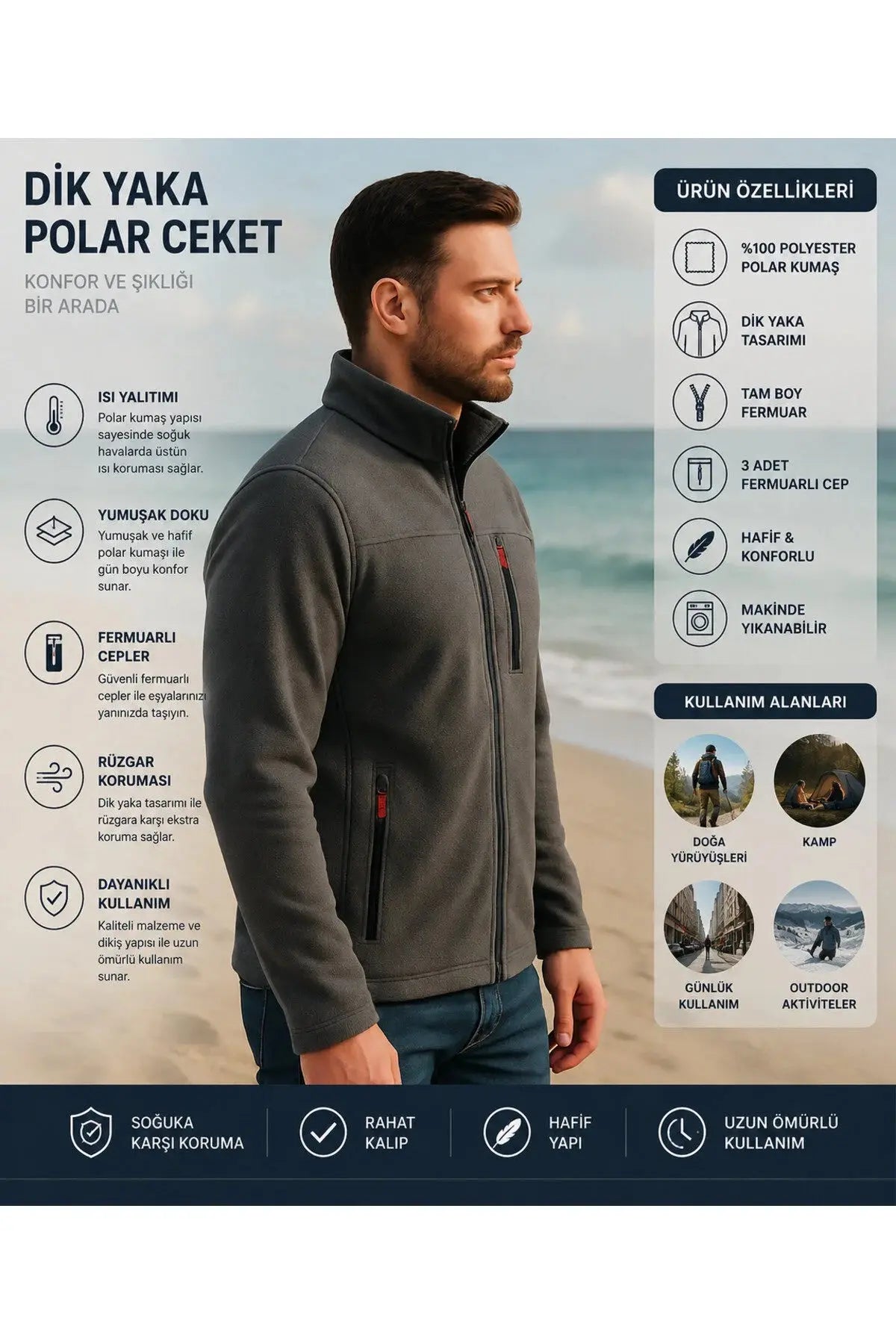 LUXIC CORE Erkek  Fermuarlı Polar Mont – Dik Yaka, Cepli, Günlük & Outdoor Kullanım LUXIC CORE