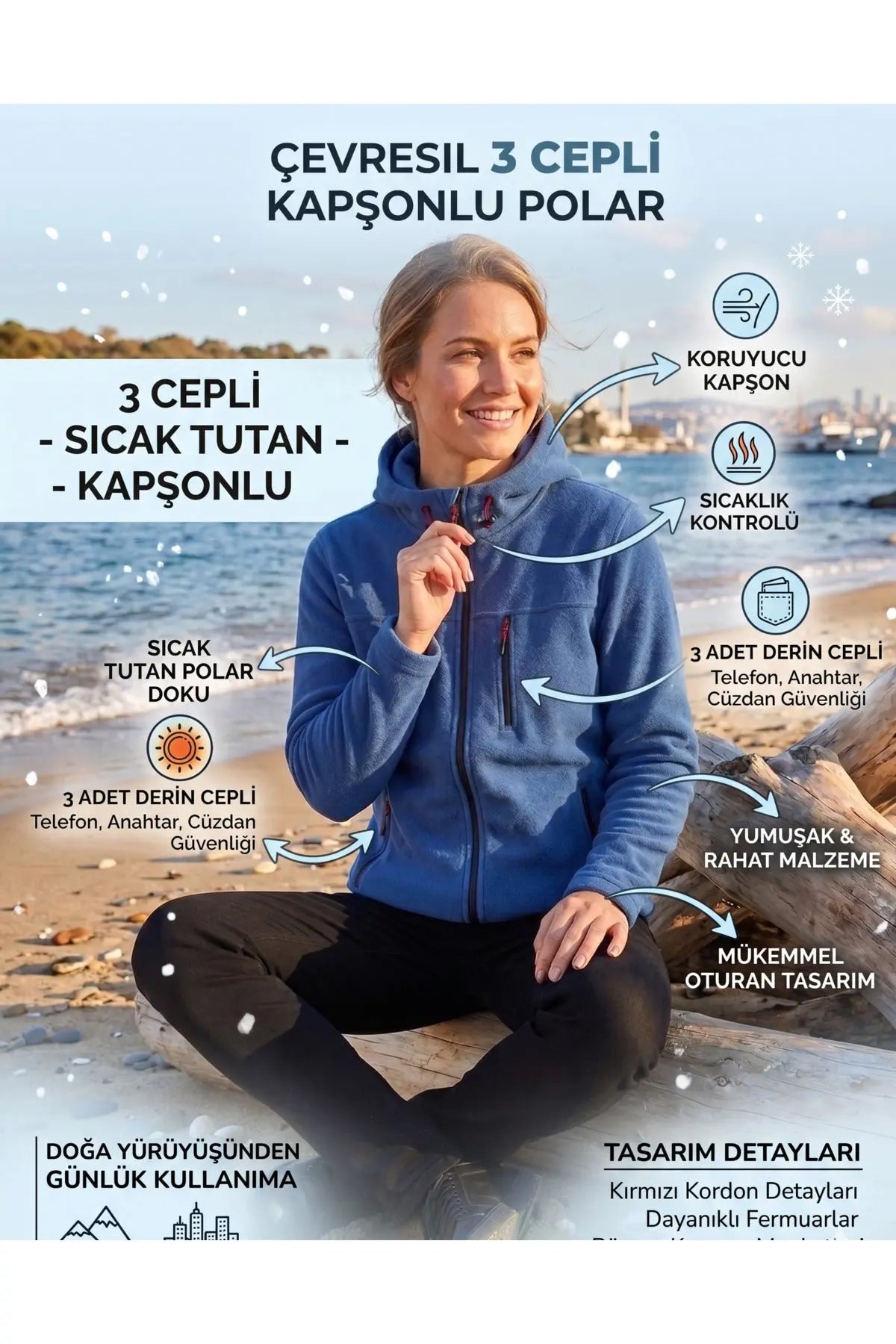 LUXIC CORE Unisex Kapüşonlu Polar 3 Cepli Fermuarlı Sıcak Tutan Kışlık Outdoor Hoodie Günlük StilPro LUXIC CORE