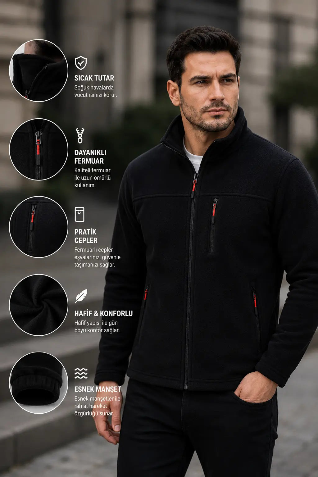 LUXIC CORE Erkek  Fermuarlı Polar Mont – Dik Yaka, Cepli, Günlük & Outdoor Kullanım LUXIC CORE