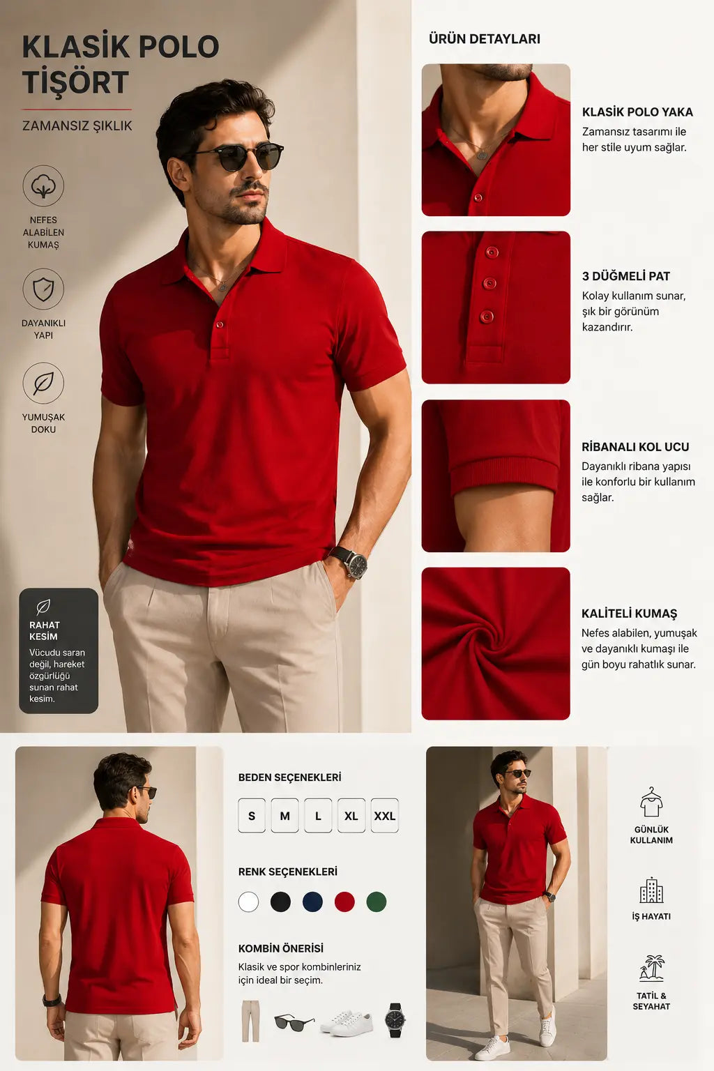 LUXIC CORE Erkek Polo Yaka Tişört Likralı Pike Kumaş Terletmez Slim Fit Günlük Şık Tasarım LUXIC CORE