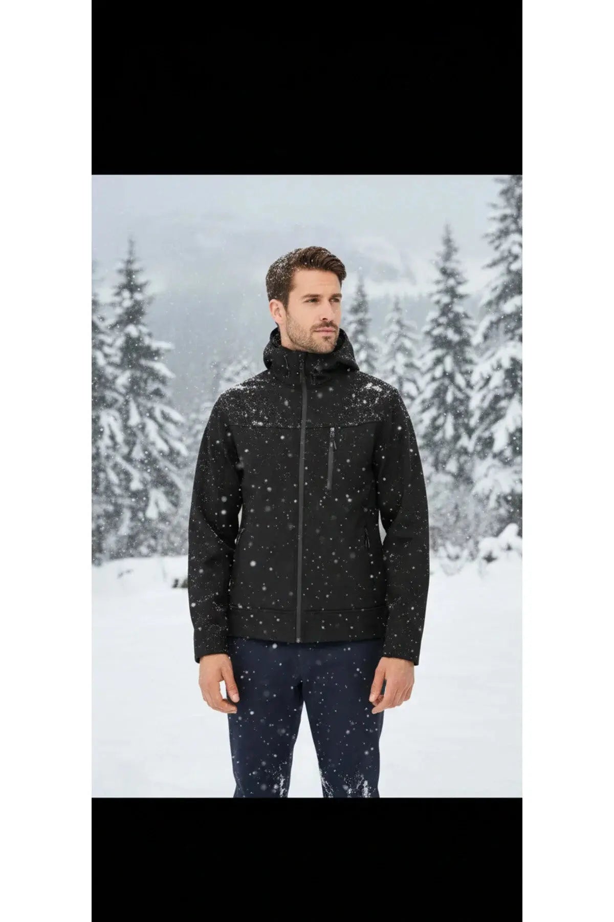 LUXIC CORE Erkek Kapüşonlu Softshell Mont Siyah – Suya Dayanıklı, Rüzgar Geçirmez Outdoor Mont LUXIC CORE